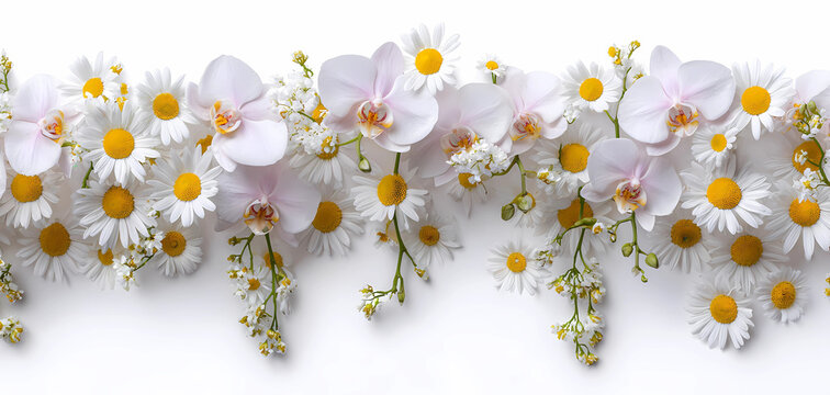 Delicate white orchids and daisies create a beautiful floral border on a clean white background