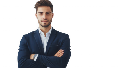 Portrait of a man in a suit with arms crossed against a black background looking at the viewer on transparent background