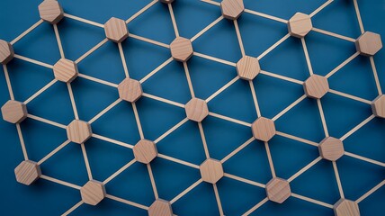 Strategic network of hexagonal wooden blocks symbolizing data and connection