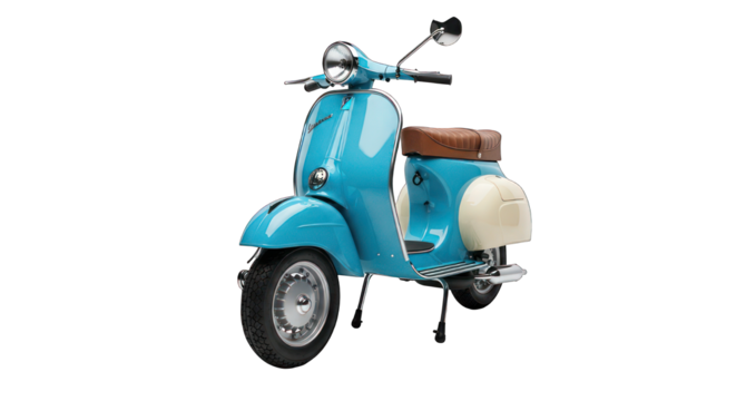 Aqua scooter with brown seat, classic design, against stark black backdrop - Powered by Adobe