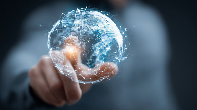 Digital globe network visualization touching with index finger, futuristic connection concept, glowing data points, virtual earth interface - Powered by Adobe