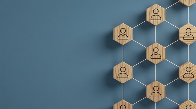 Interconnected hexagons with person icons symbolize team structure and business networking