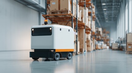 Automated Delivery Robot Navigating Through A Modern Warehouse Environment Enhancing Efficiency And Productivity In Logistics Operations