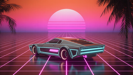 Retro sports car on a grid with neon lights 80s style perfect for futuristic backgrounds