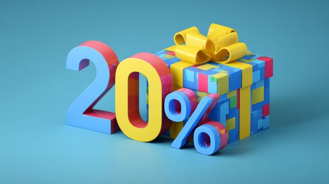 Vibrant 3d rendering of a 20 percent off discount text with a blue gift box wrapped in a yellow ribbon and decorated with multicolored elements, creating a festive promotional design for holiday sales