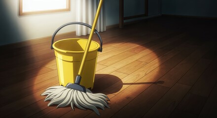 Ready to Clean: A yellow bucket and a mop are poised in a sunlit room, embodying the essence of spring cleaning and home maintenance. Capturing a quiet moment of preparation and anticipation.