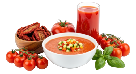 Fresh tomatoes, juice, gazpacho, and sundried tomatoes arranged