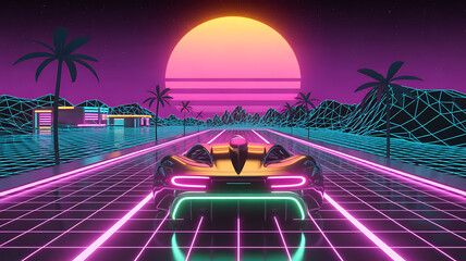 Retro futuristic sports car on a neon grid road synthwave style for 80s themed design