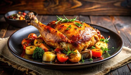 Whole Roasted Chicken Dish With Potatoes Broccoli And Cherry Tomatoes Garnished With Herbs And Spices Served On A Dark Plate With Burlap Overlay And Wooden Table Background