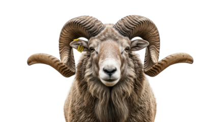 Majestic ram portrait; large curved horns, fluffy tan fur, black background