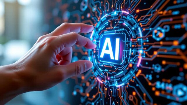 AI technology circuit board interface glowing button held by hand touch inspiring futuristic digital network innovation and curiosity through