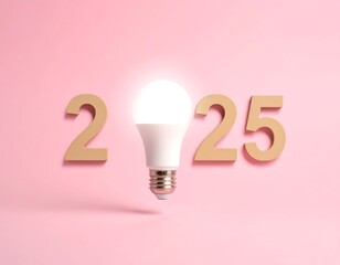 Fototapeta premium Glowing bulb replacing the zero in the year 2025 against pink