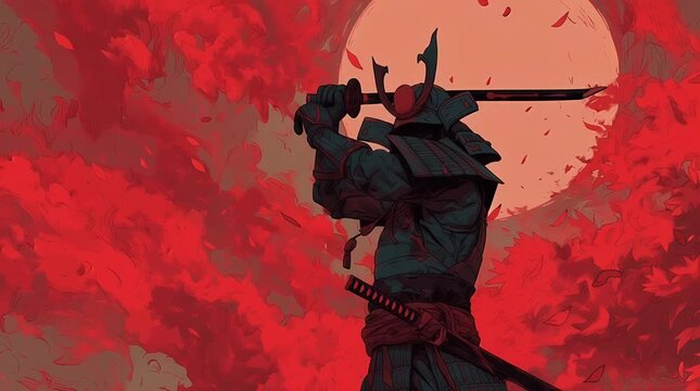 Animated Silhouette of Samurai with Red Background and Glowing Moon in Dramatic Anime Style