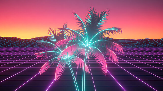 Retro neon palm trees on a grid vibrant sunset 80s style background for posters and digital art