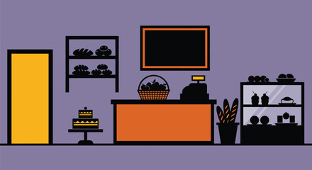Bakery shop illustration with bread cake and pastry for sale art