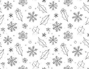 Hand-drawn black and white winter holiday pattern of snowflakes and holly