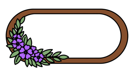 Elegant oval frame decorated with delicate purple flowers and lush green leaves, perfect for invitations or signage.