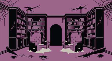 Haunted library room interior illustration with books and armchairs
