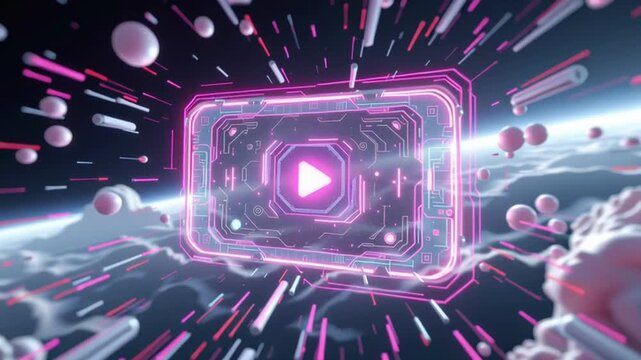 Cyberplay neon circuit futuristic media motion streak pink glow video play button digital interface circuitry motion blur floating spheres glowing