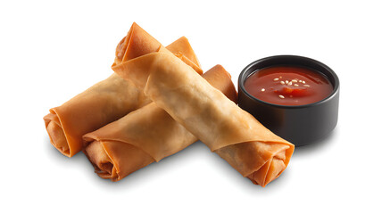 Crispy fried spring rolls with dipping sauce a popular Asian appetizer isolated on white