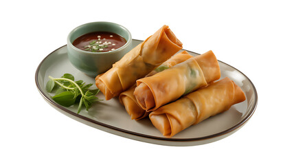 Crispy spring rolls served on a plate with dipping sauce a popular Asian appetizer