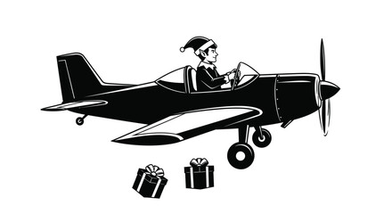 Christmas elf flying airplane with gifts vector illustration art