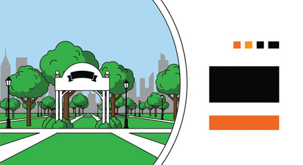 Cartoon park scene illustration with trees and city skyline view