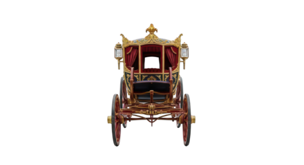 Ornate golden carriage with red velvet interior, isolated on black