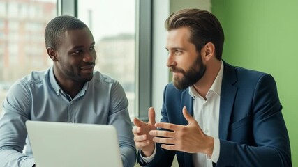 Two businessmen collaborating on a project with a laptop - Powered by Adobe