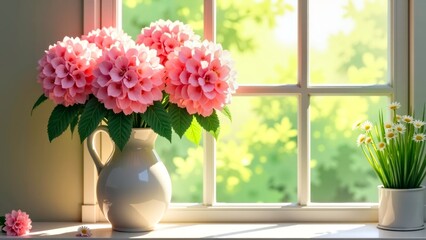 The picture of embroidered ball flowers by the window