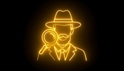 Glowing neon outline of a fedora-wearing investigator with magnifying glass
