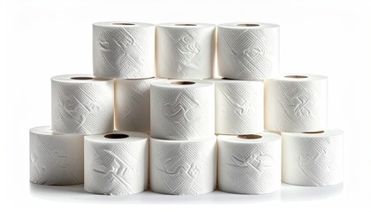 Stack of White Toilet Paper Rolls with Textured Pattern Isolated on White Background Detailed View