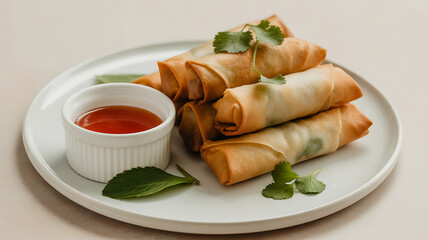 Crispy spring rolls with dipping sauce delicious Asian appetizer on a white plate ready to eat