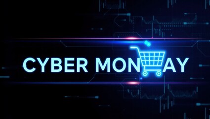 Cyber Monday sale with a digital shopping cart glows online