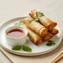 Crispy spring rolls with dipping sauce a delicious appetizer served on a white plate