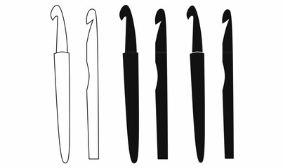 crochet hook or crochet needle icon set.outline,silhouette.for sewing, crafting, knitting, and handmade design themes.isolated white background.