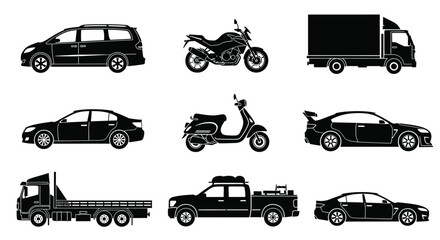 Vector vehicles transport icons set car truck motorcycle scooter isolated