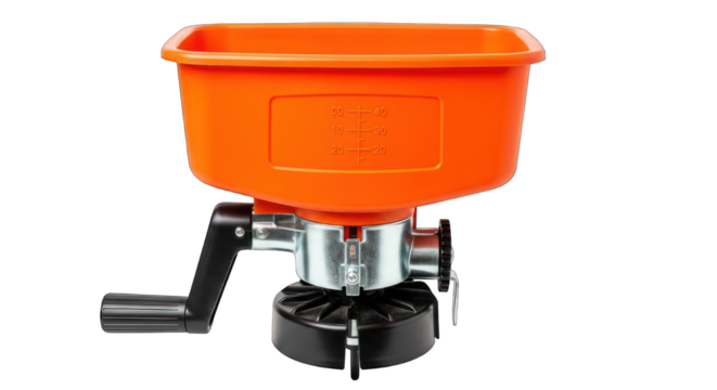 Orange, crank-operated spreader for seeds, fertilizer, or ice melt material