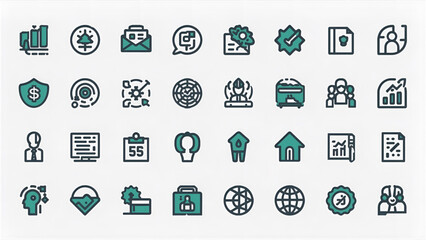 Fototapeta premium Collection of diverse business and technology icons for digital projects.Versatile set of scalable vector icons representing finance data technology and business concepts.