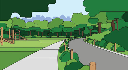 Cartoon park illustration with playground trees and walking path