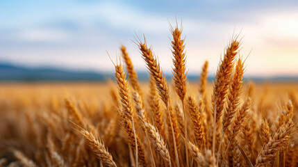 Fototapeta premium Golden Wheat Field Under a Soft Sunset Sky in Scenic Landscape Captured with High-Resolution Photography