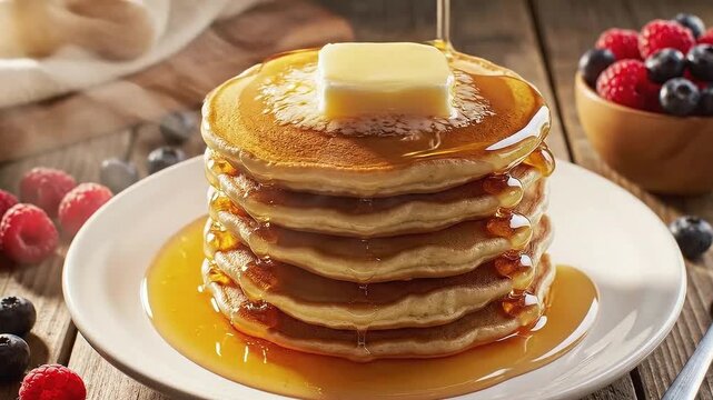 Maple syrup pouring over a stack of pancakes with butter