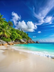 Obraz premium Serene beach at Anse Georgette with crystal clear turquoise water and powdery white sand