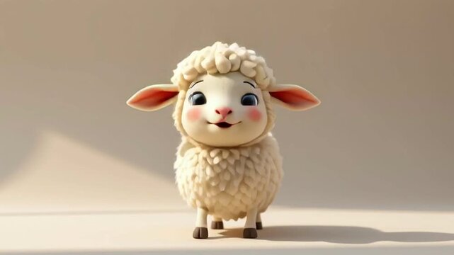 Cute sheep lamb animal toy fluffy wool smiling cute fluffy lamb jumping with joyful expression soft studio lighting playful smiling lamb animal toy