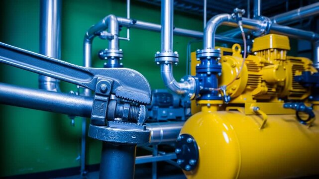 Closeup of wrench tightening pipe fitting in industrial setting