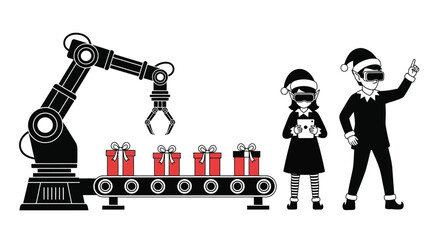Christmas elves using vr and robotic arm for gift production line