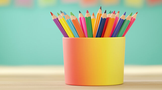 Colorful pencil cup with colored pencil tips arranged in holder on wooden table bright classroom vibe