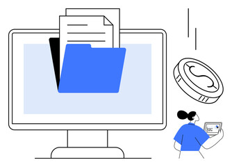 Computer screen displaying digital folder with documents, hovering coin, person using tablet. Ideal for data organization, cloud storage, file sharing, finance, technology, workplace efficiency