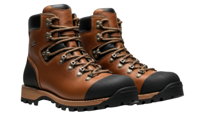 Two leather hiking boots with black toe cap and sole, laced with brown laces