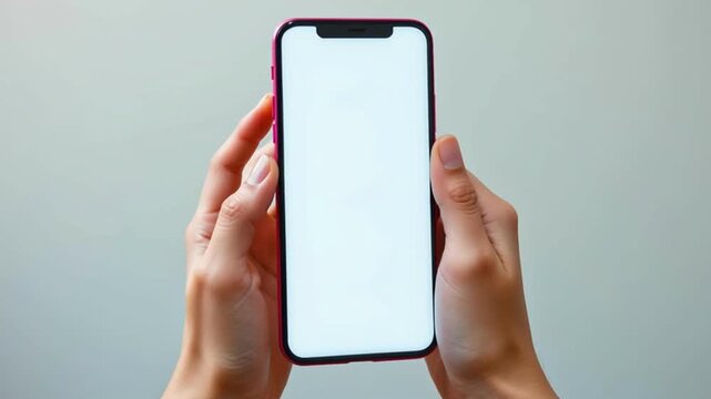 White smartphone screen held by female hands showing blank display and hands holding smartphone with blank screen showing minimal white display